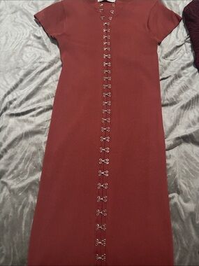 Zara Brick Red Ribbed Midi Dress with Hook-Front Detail